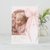 Arch Photo Pink Coquette Bow Baby Girl Baptism 招待状 (スタンド正面)