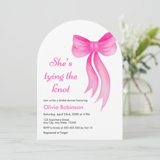 Arch Pink Bow She's Tying the Knot Bridal Shower  招待状 (スタンド正面)