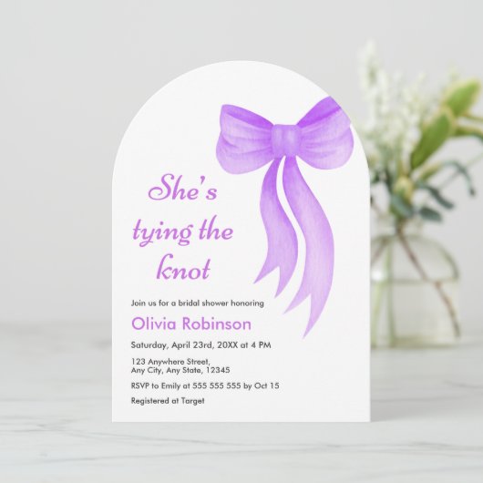 Arch Purple Bow She's Tying the Knot Bridal Shower 招待状 (スタンド正面)