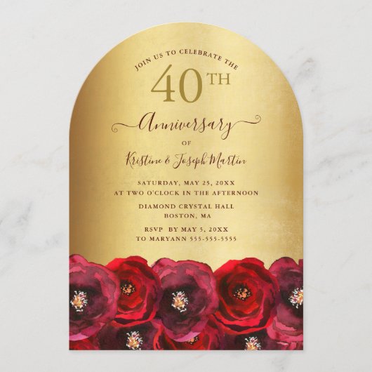 Arch Red Rose Floral Gold 40th Anniversary Party 招待状 (正面)