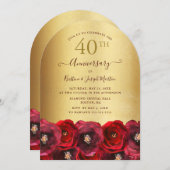 Arch Red Rose Floral Gold 40th Anniversary Party 招待状 (正面/裏面)