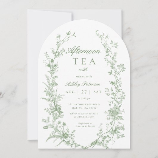 Arch Sage Green Afternoon Tea Party Baby Shower  招待状 (正面)