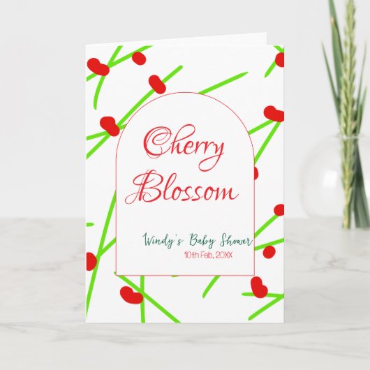 Arch shape cherry blossom red green baby shower na カード (正面)