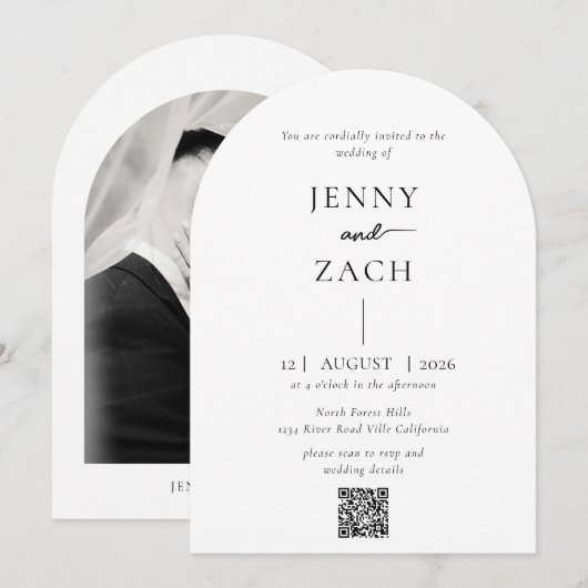 Arch Simple Modern Photo Qr Code Wedding 招待状 (正面/裏面)