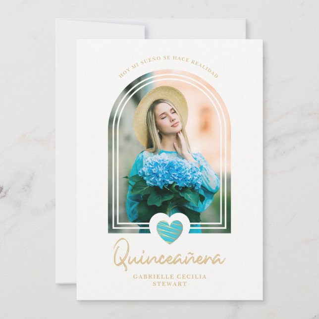 Arch Spanish Modern Blue Heart Photo Quinceañera (正面)