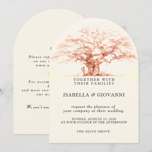 Arch Sunset Olive Tree Destination Wedding 招待状 (正面/裏面)