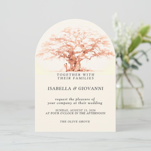 Arch Sunset Olive Tree Destination Wedding 招待状 (スタンド正面)