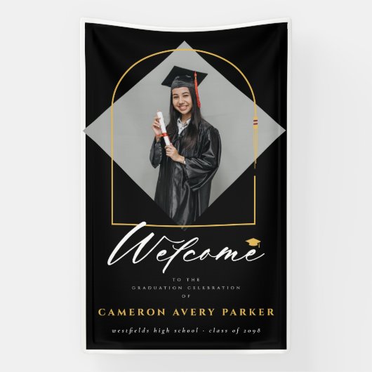 Arch Tasselsフレーム写真卒業パーティーへようこそ 横断幕 (縦)