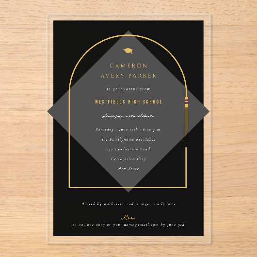 Arch Tasselsミニマリストフレーム写真卒業パーティー アクリル招待状 (正面)