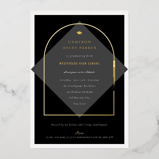 Arch Tasselsミニマリストフレーム写真卒業パーティー 箔招待状 (正面)