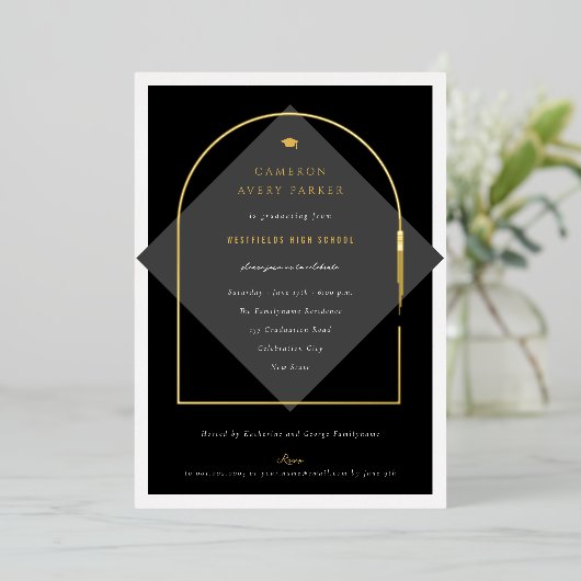 Arch Tasselsミニマリストフレーム写真卒業パーティー 箔招待状 (立ち正面)