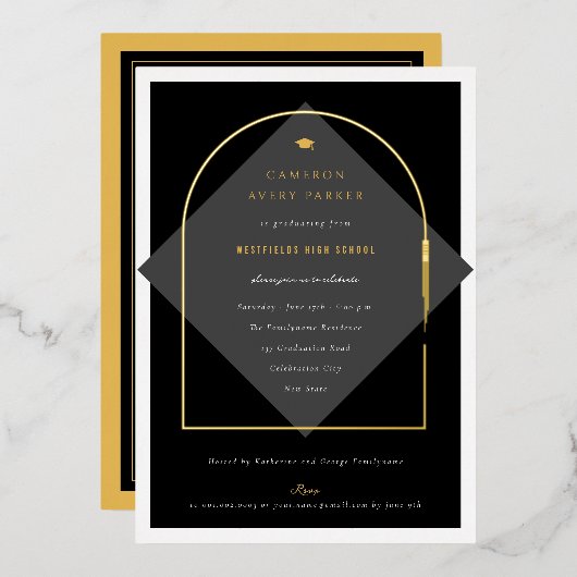 Arch Tasselsミニマリストフレーム写真卒業パーティー 箔招待状 (正面/裏面)