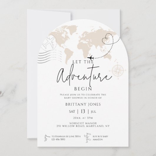 Arch World Map旅行の冒険が赤ちゃんシャワーを開始 招待状 (正面)