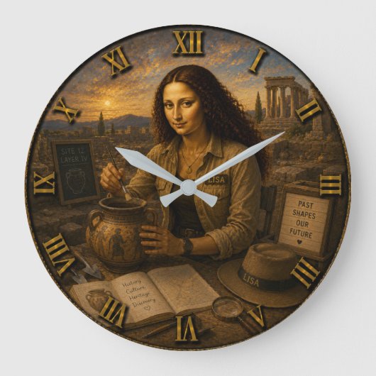 Archaeologist Funny Mona Lisa Archaeology Gift ラージ壁時計 (正面)