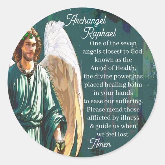 Archangel Saint Raphael Healing Angel Prayer ラウンドシール (正面)