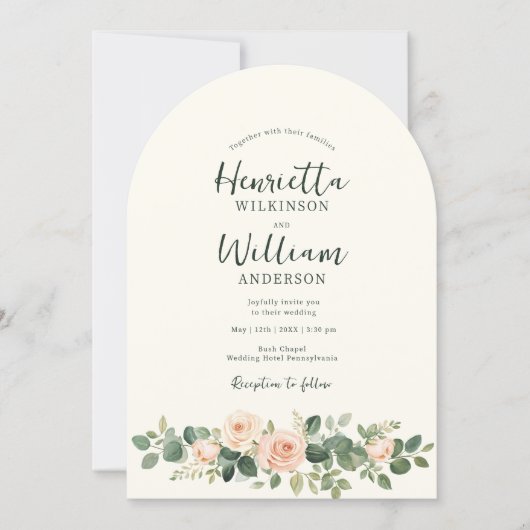 arched all in one botanical floral green script 招待状 (正面)