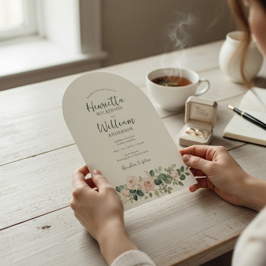 arched all in one botanical floral green script 招待状