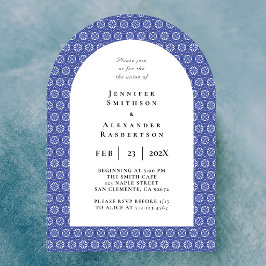 Arched Blue Tile Wedding Invitation セーブザデート
