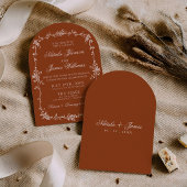 Arched Burnt Orange Floral Boho Terracotta Wedding 招待状