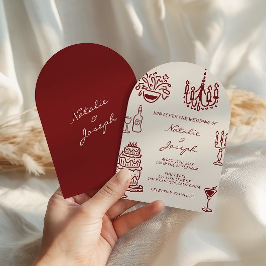 Arched Drawn Burgundy Romantic Whimsical Wedding 招待状