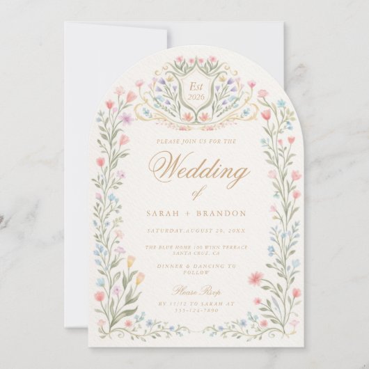 Arched Floral Wedding Monogram, Romantic Garden 招待状 (正面)
