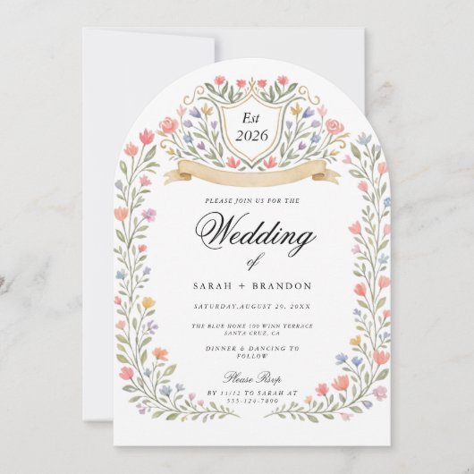 Arched Floral Wedding Monogram, Romantic Garden 招待状 (正面)