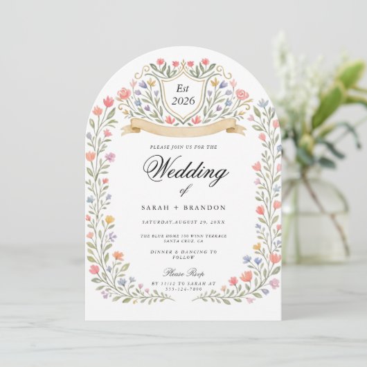 Arched Floral Wedding Monogram, Romantic Garden 招待状 (スタンド正面)