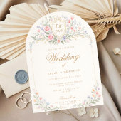 Arched Floral Wedding Monogram, Romantic Garden 招待状