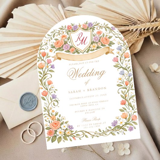 Arched Floral Wedding Monogram, Romantic Garden 招待状