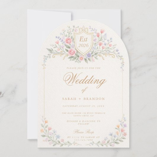 Arched Floral Wedding Monogram, Romantic Garden 招待状 (正面)