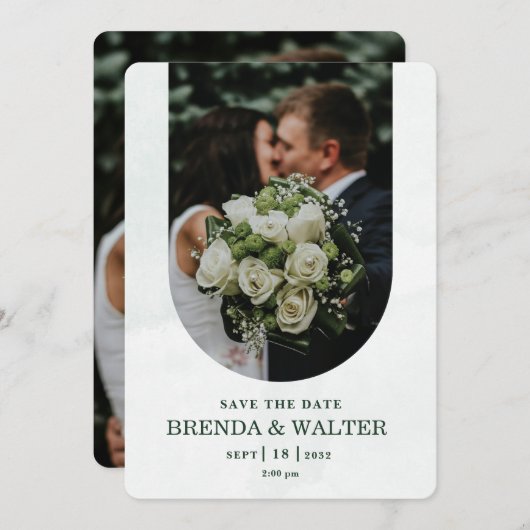 Arched Greenery White Rose Photo Wedding  招待状 (正面/裏面)
