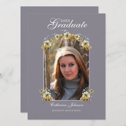 Arched Periwinkle Floral Graduation 招待状 (正面/裏面)