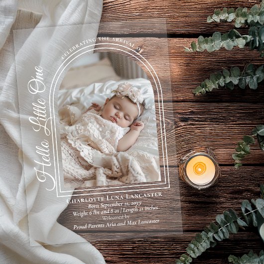 Arched Photo Elegant Script Birth Announcement アクリル招待状