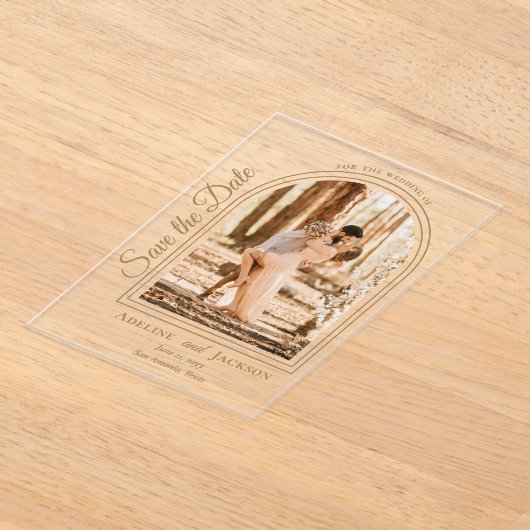 Arched Photo Elegant Script Save the Date アクリル招待状 (レイダウン)