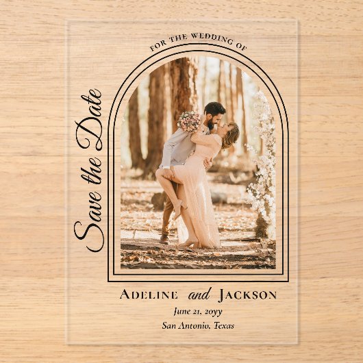 Arched Photo Elegant Script Save the Date アクリル招待状 (正面)