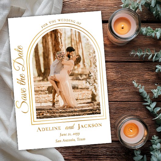 Arched Photo Elegant Script Save the Date 箔招待状
