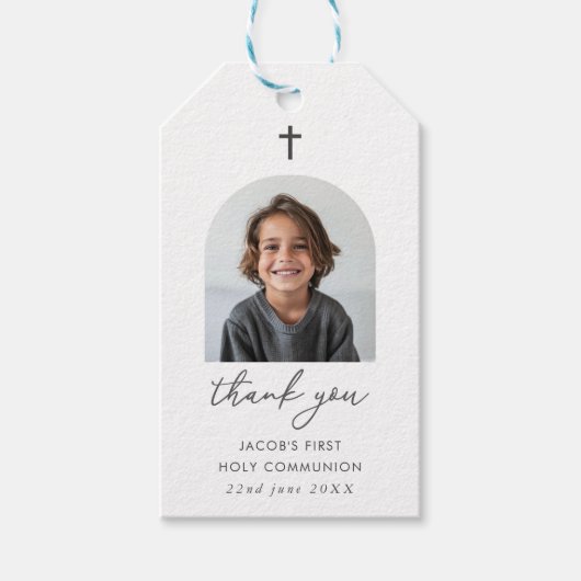 Arched Photo First Communion Boy Thank You ギフトタグ (正面)