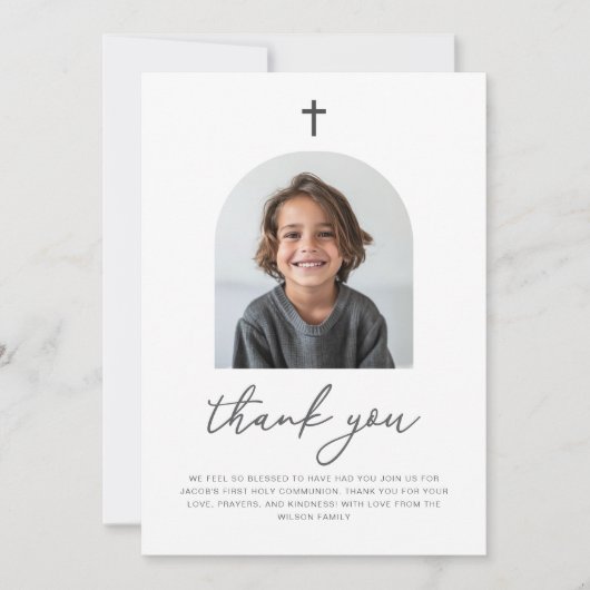 Arched Photo First Communion Boy Thank You 招待状 (正面)