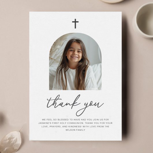 Arched Photo First Communion Girl Thank You 招待状