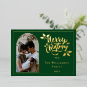 Arched Photo Merry Christmas and Holly on Green 箔シーズンカード (立ち正面)