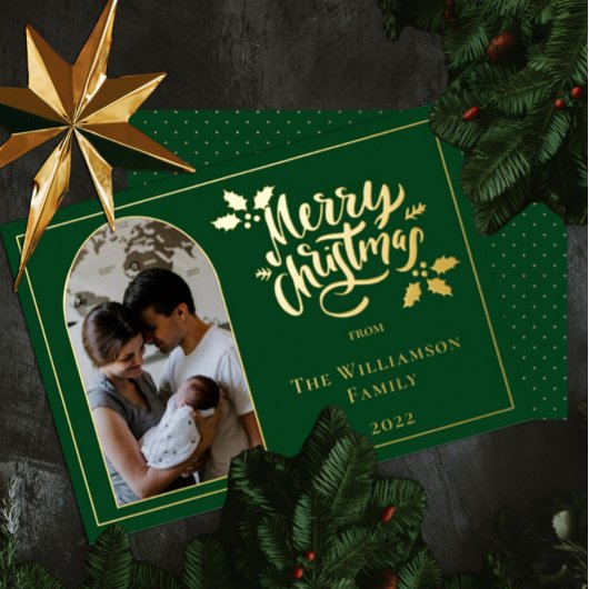 Arched Photo Merry Christmas and Holly on Green 箔シーズンカード