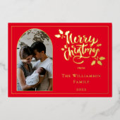 Arched Photo Merry Christmas and Holly on Red 箔シーズンカード (正面)