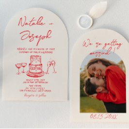 Arched Retro Hand Drawn Red Unique Photo Wedding 招待状