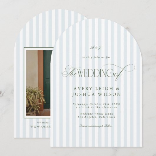 Arched Sage Green & Blue Stripes Classy Wedding 招待状 (正面/裏面)