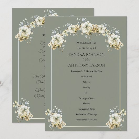 Arched Sage Green Floral Wedding Program プログラム (正面/裏面)