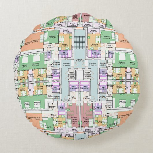 Architectural Blueprint Pattern Throw Pillow ラウンドクッション (裏面)