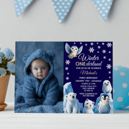 Arctic Animals Winter Kids' First Birthday Photo  招待状