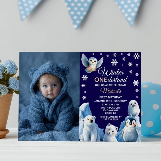 Arctic Animals Winter Kids' First Birthday Photo  招待状
