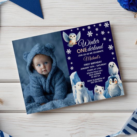 Arctic Animals Winter Kids' First Birthday Photo  招待状
