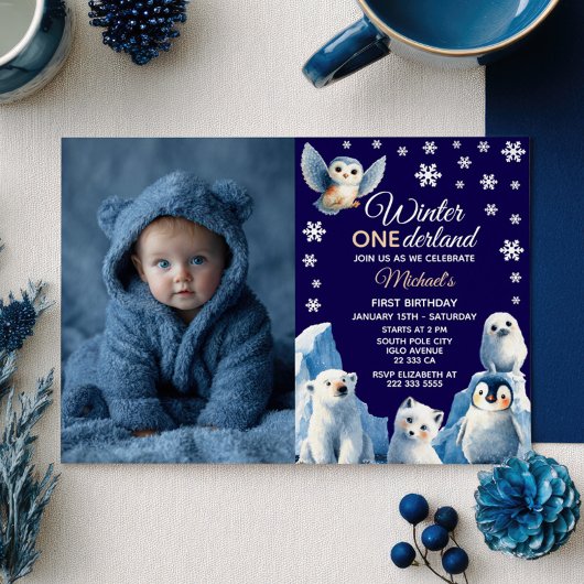 Arctic Animals Winter Kids' First Birthday Photo  招待状